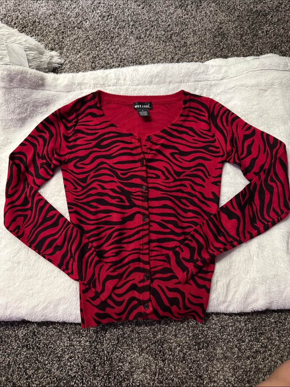 Wet Seal Red and Black Zebra-Print Button Cardigan